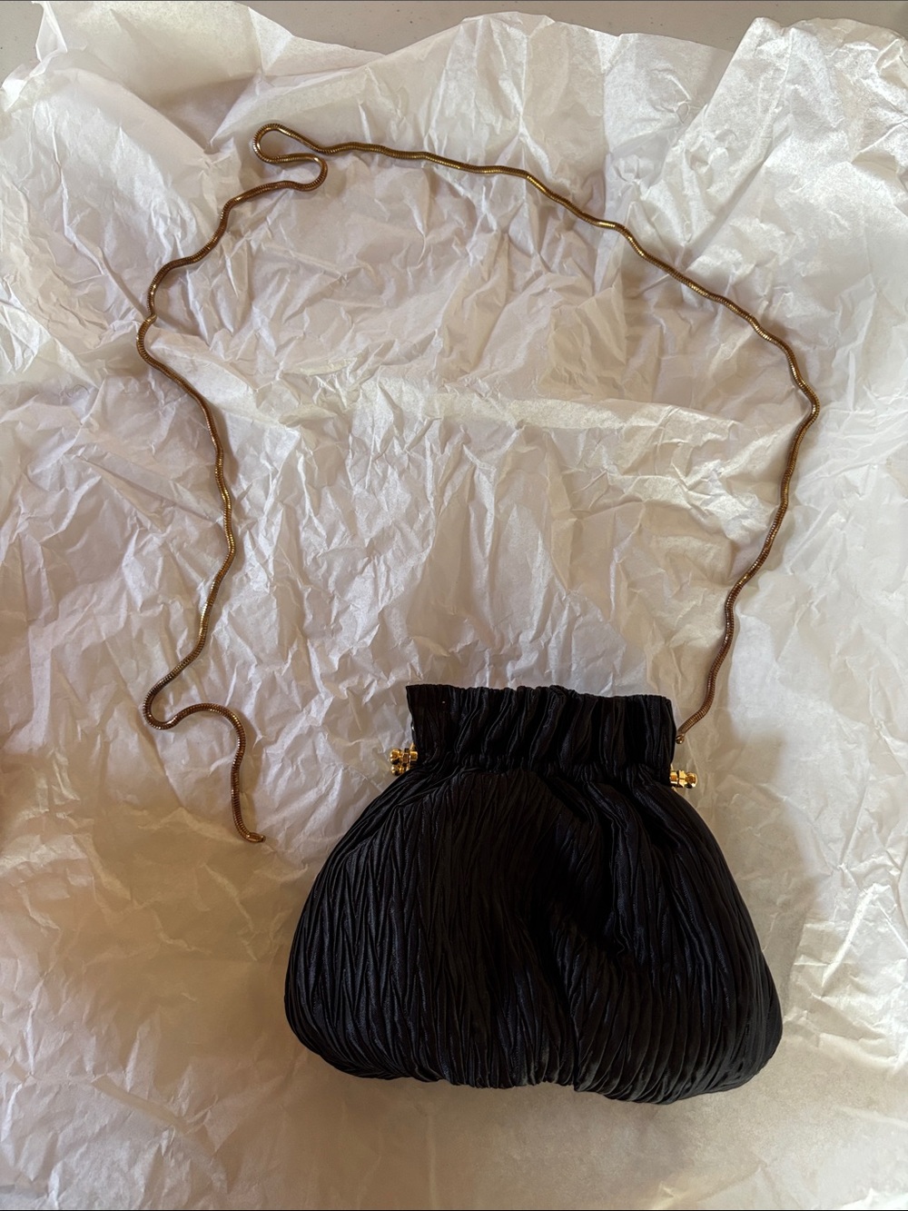 Black Pleated Mini Crossbody Bag with Gold Chain